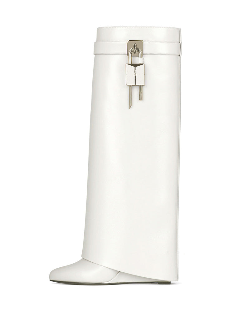 Lock & Key Leather Wedge Heel Boots White / 8.5