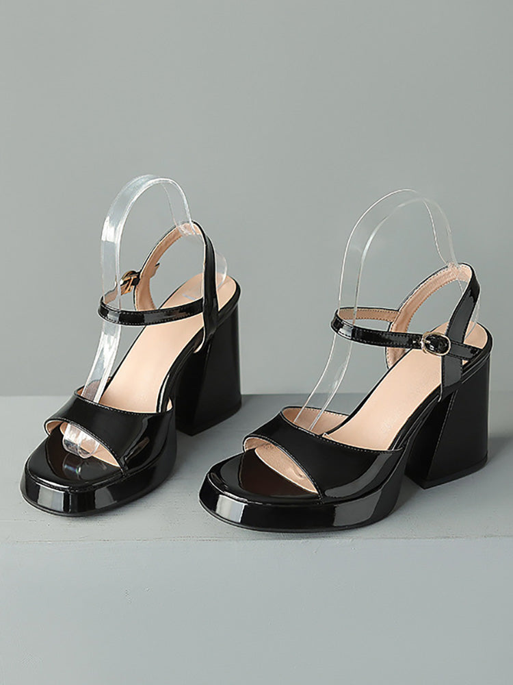 Leather Chunky Heel Sandals Black / 7.5/8