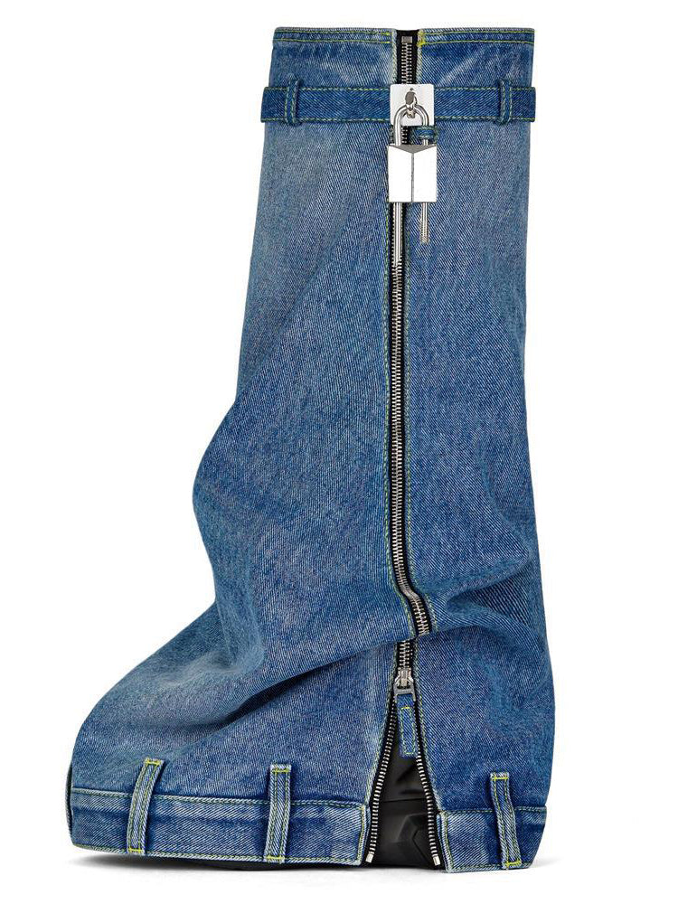 Handcrafted Denim Wedge Heel Boots Blue / 10