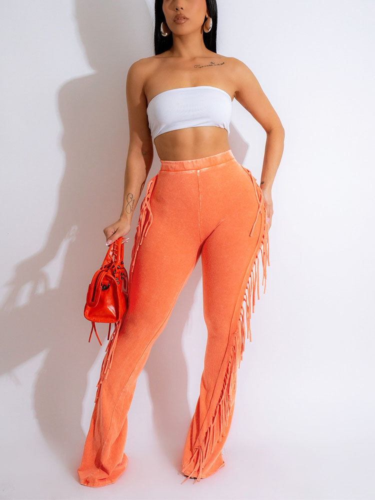 Washed Fringe Flare Pants Orange / XL
