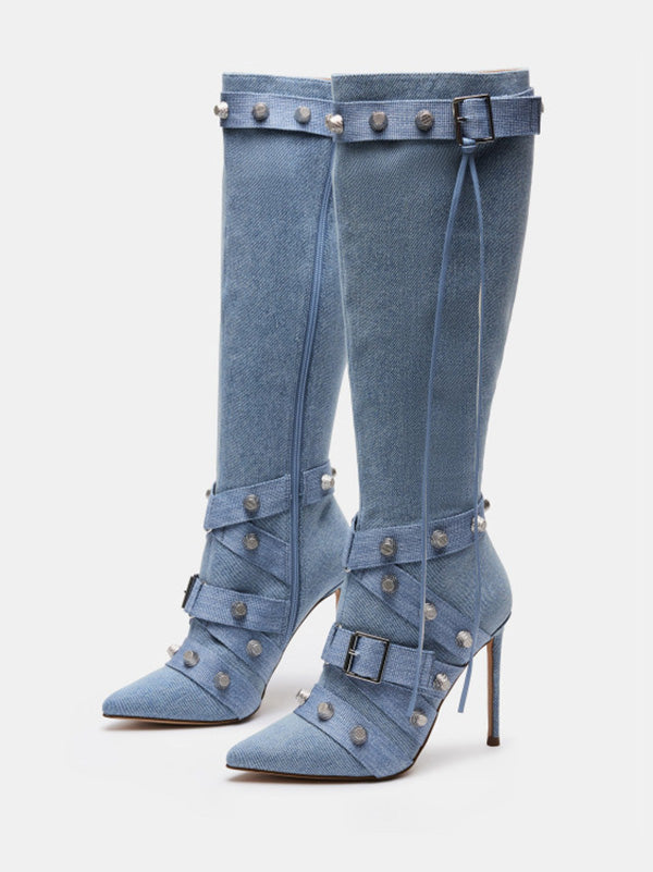 Studded Buckled Strap Leather Boots White / 8.5