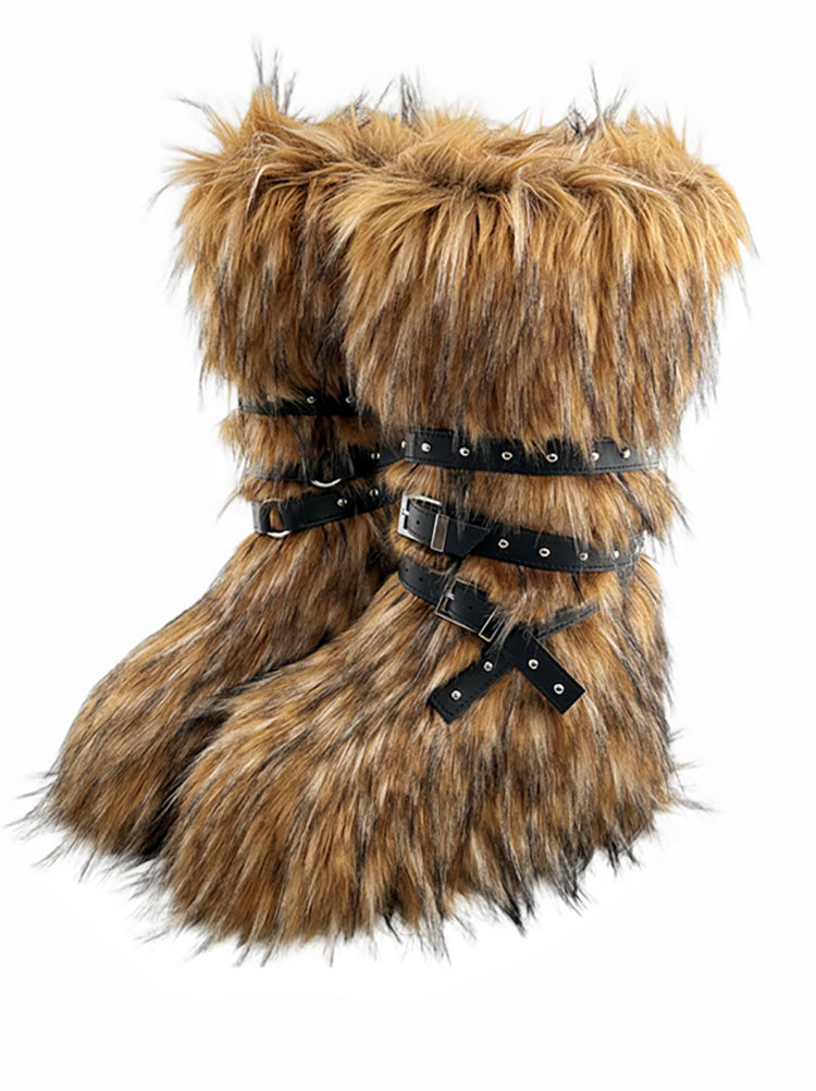 Buckle Faux Fur Boots Coffee / 8.5