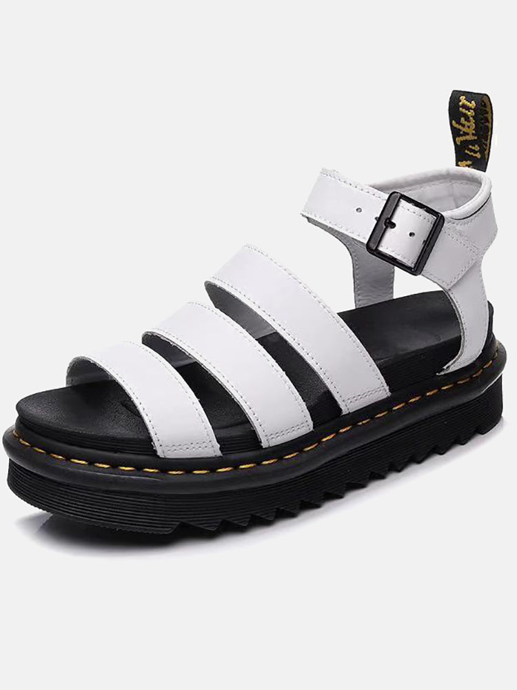 Leather Buckle Platform Sandals White / 6
