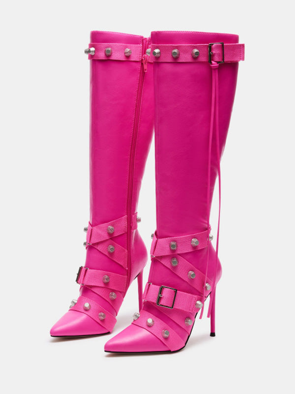Studded Buckled Strap Leather Boots Rose / 10