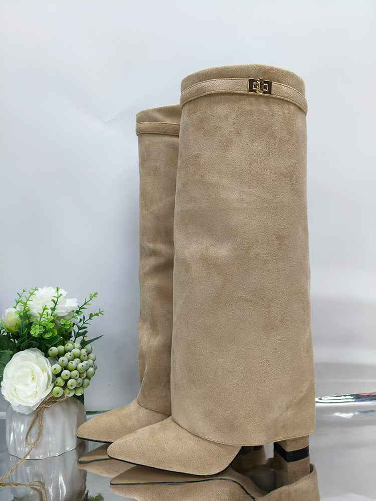 Fold Chunky Heel Knee High Boots Apricot Leather / 10.5/11