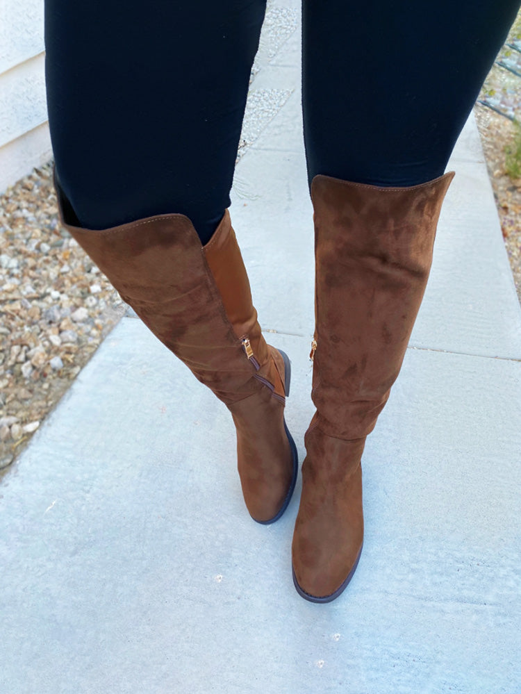 Suede Flat Over Knee Boots Brown* / 6