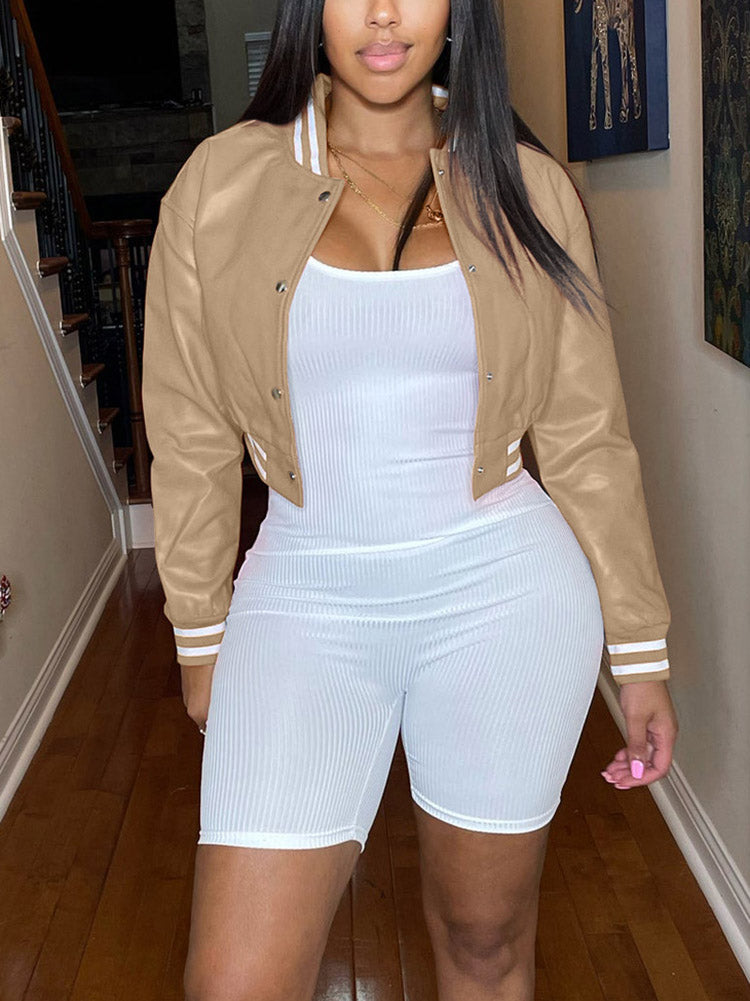 Varsity Button Down Crop Jacket Blue / S