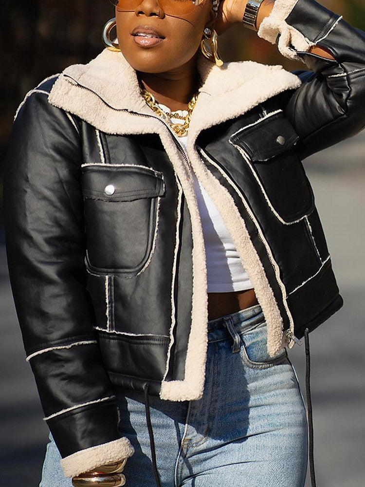 Leather Shearling Crop Jacket Black / M