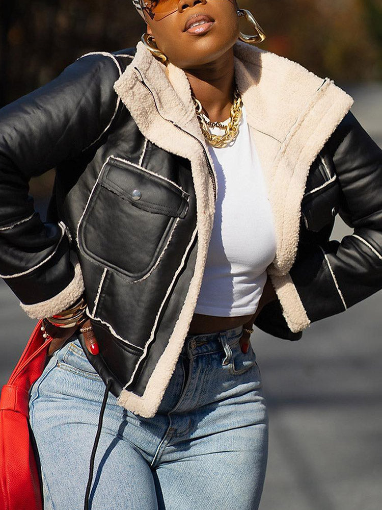 Leather Shearling Crop Jacket Black / L