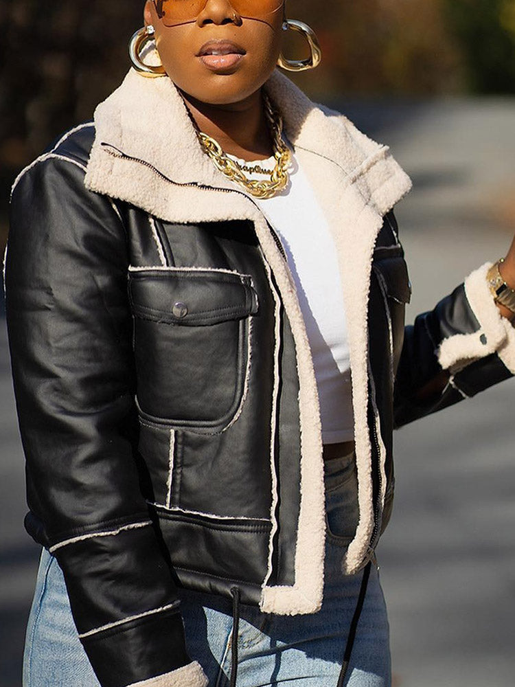 Leather Shearling Crop Jacket Khaki / S