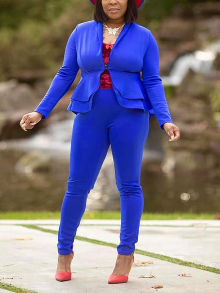 Solid Ruffle Blazer Pants Set Blue / M
