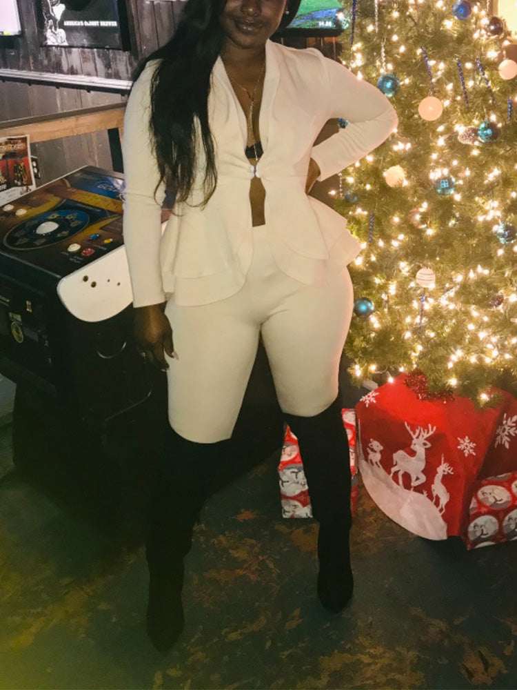 Solid Ruffle Blazer Pants Set White / 2XL