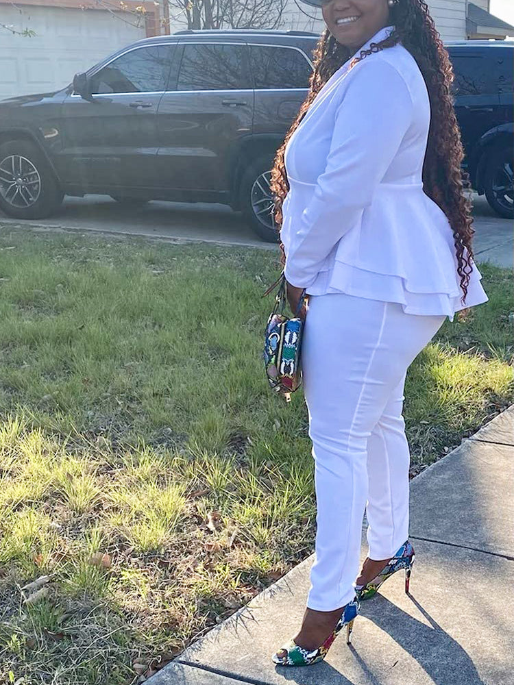 Solid Ruffle Blazer Pants Set White / XL