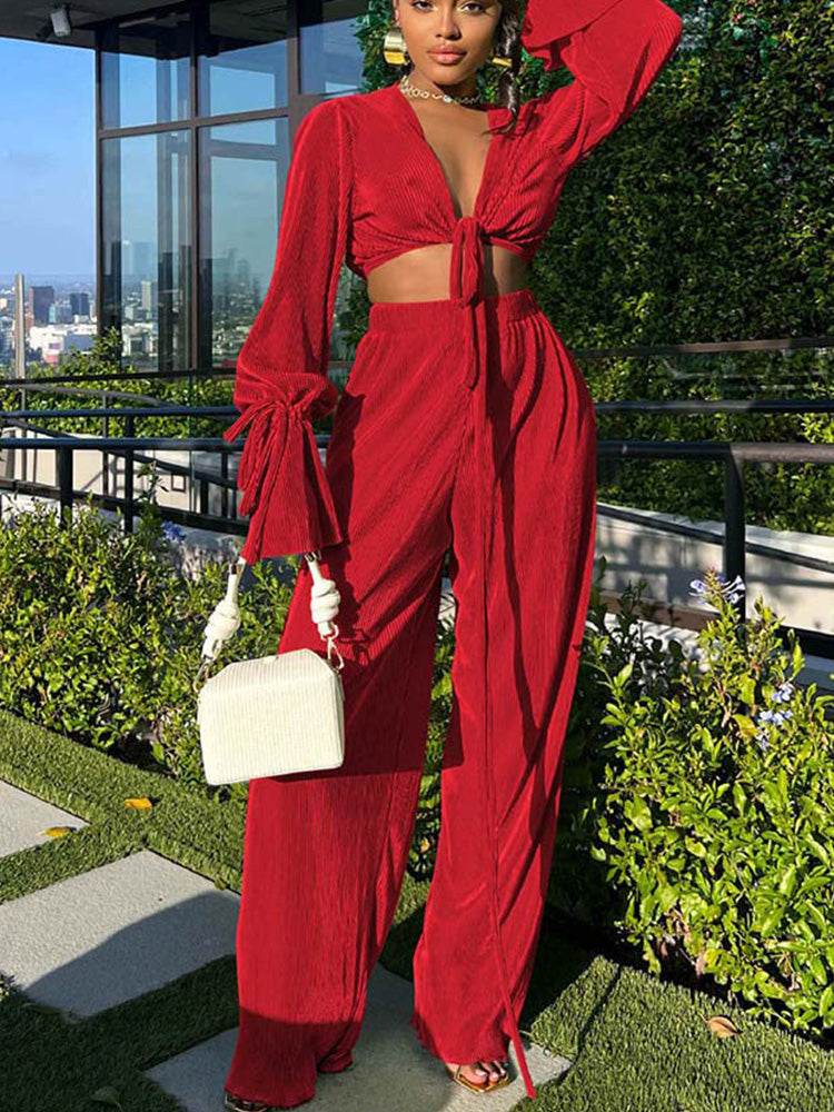 Tie Up Ruched Casual Set Red / L