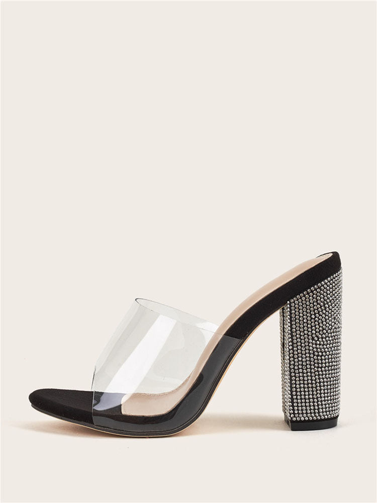 Rhinestones Transparent Chunky Heel Khaki / 9/9.5