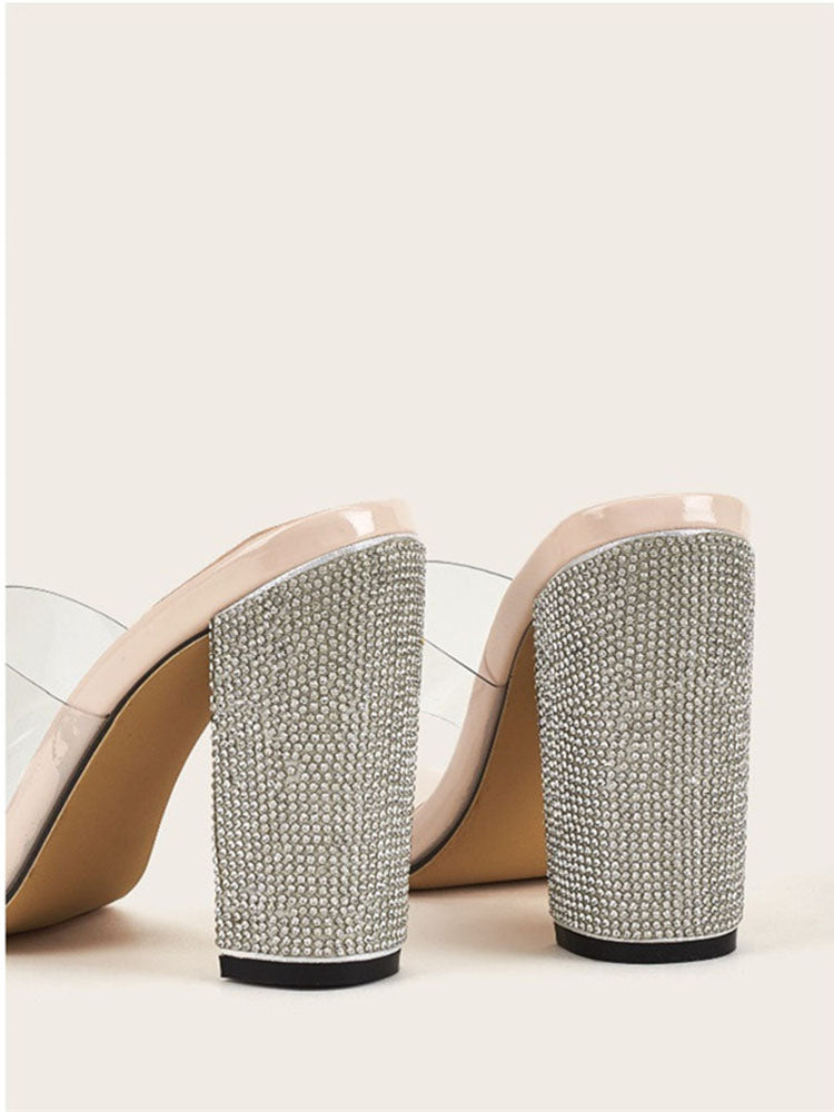 Rhinestones Transparent Chunky Heel Khaki / 6.5/7