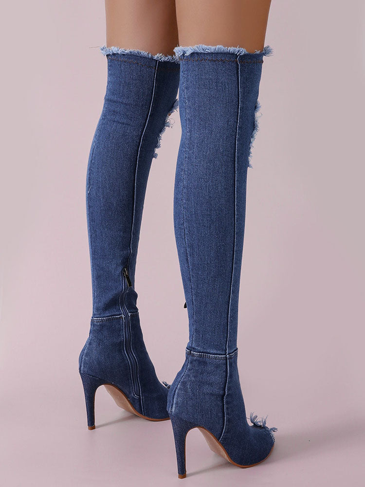 Peep Toe Over The Knee Denim Boots Blue / 8.5