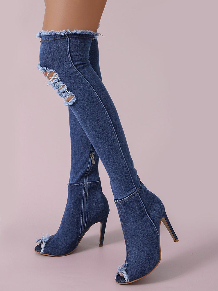 Peep Toe Over The Knee Denim Boots Blue / 7.5/8