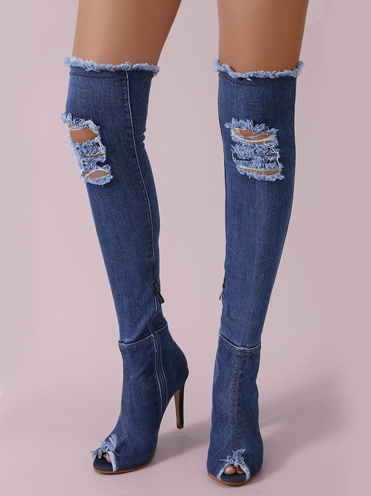 Peep Toe Over The Knee Denim Boots Blue / 6.5/7