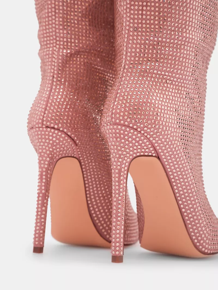 Crystal-Embellished Suede Boots Pink / 6.5/7