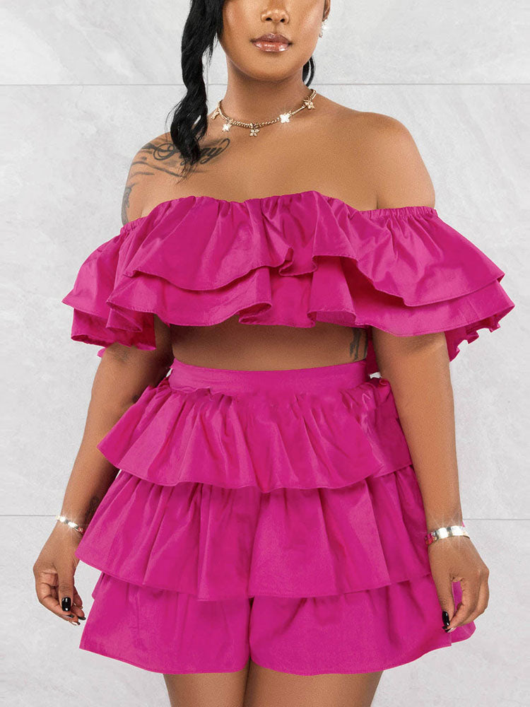 Ruffle Crop Top Shorts Set Rose / XL