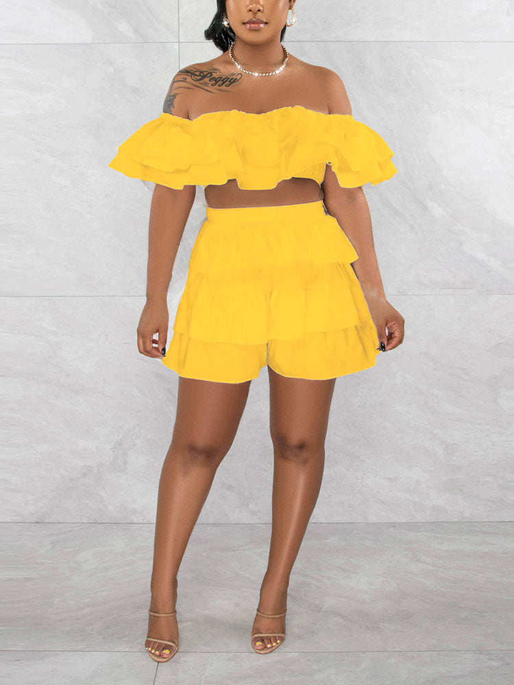 Ruffle Crop Top Shorts Set Pink / S