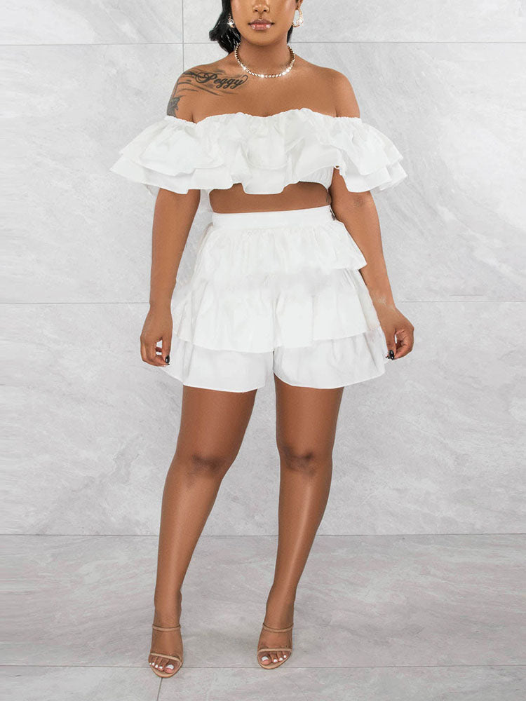 Ruffle Crop Top Shorts Set Yellow / XL