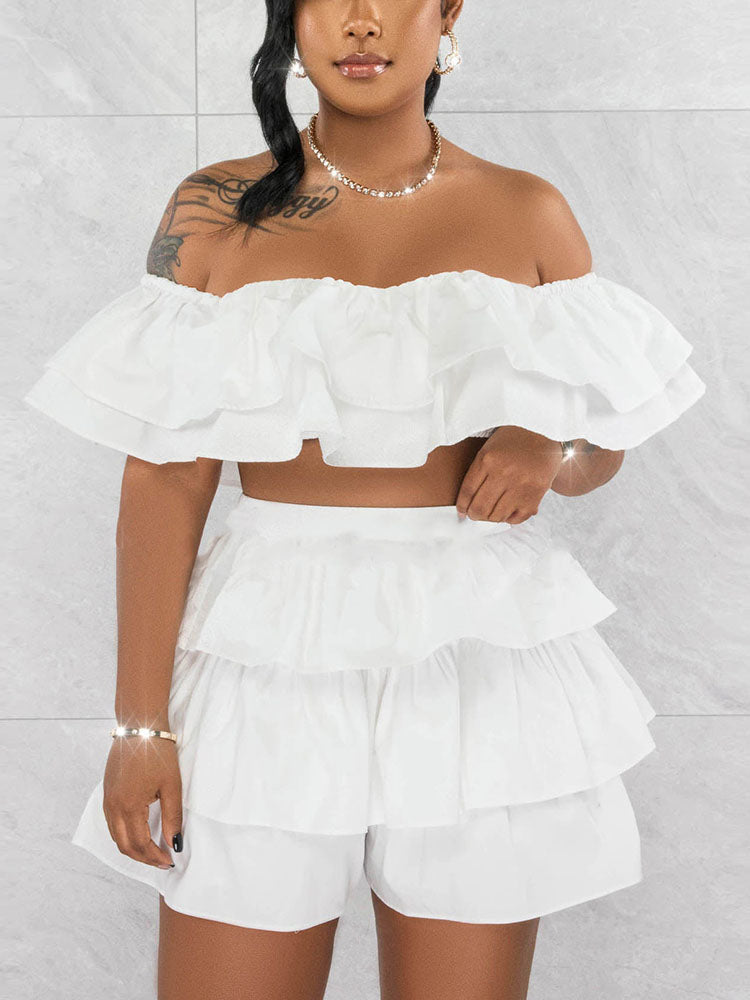 Ruffle Crop Top Shorts Set Yellow / 2XL
