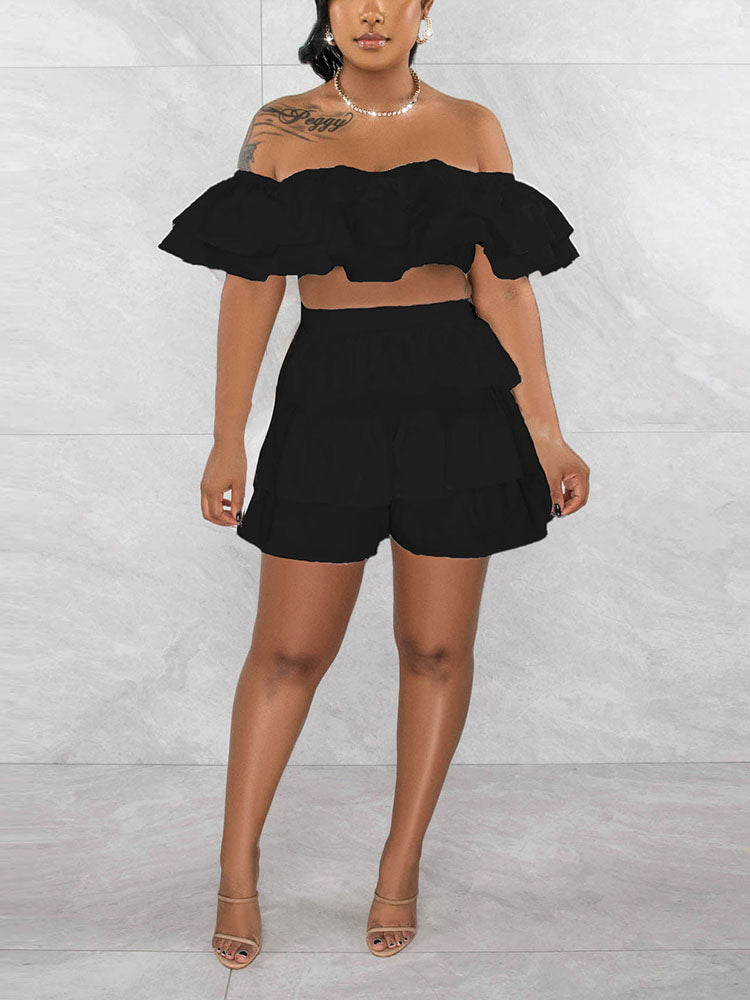 Ruffle Crop Top Shorts Set Pink / XL