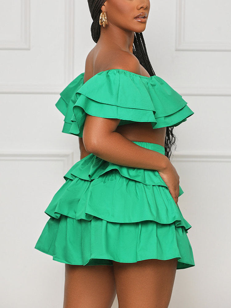 Ruffle Crop Top Shorts Set Rose / S