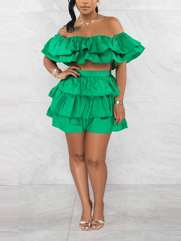 Ruffle Crop Top Shorts Set Green / S