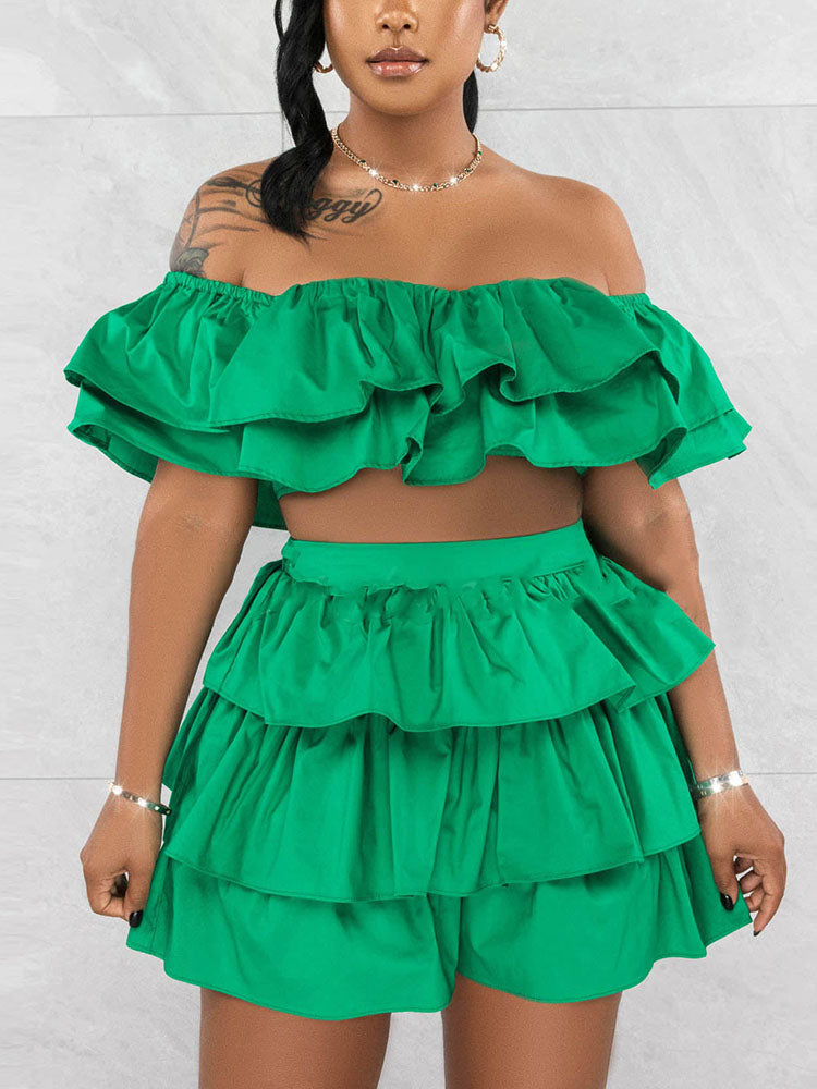 Ruffle Crop Top Shorts Set Green / M
