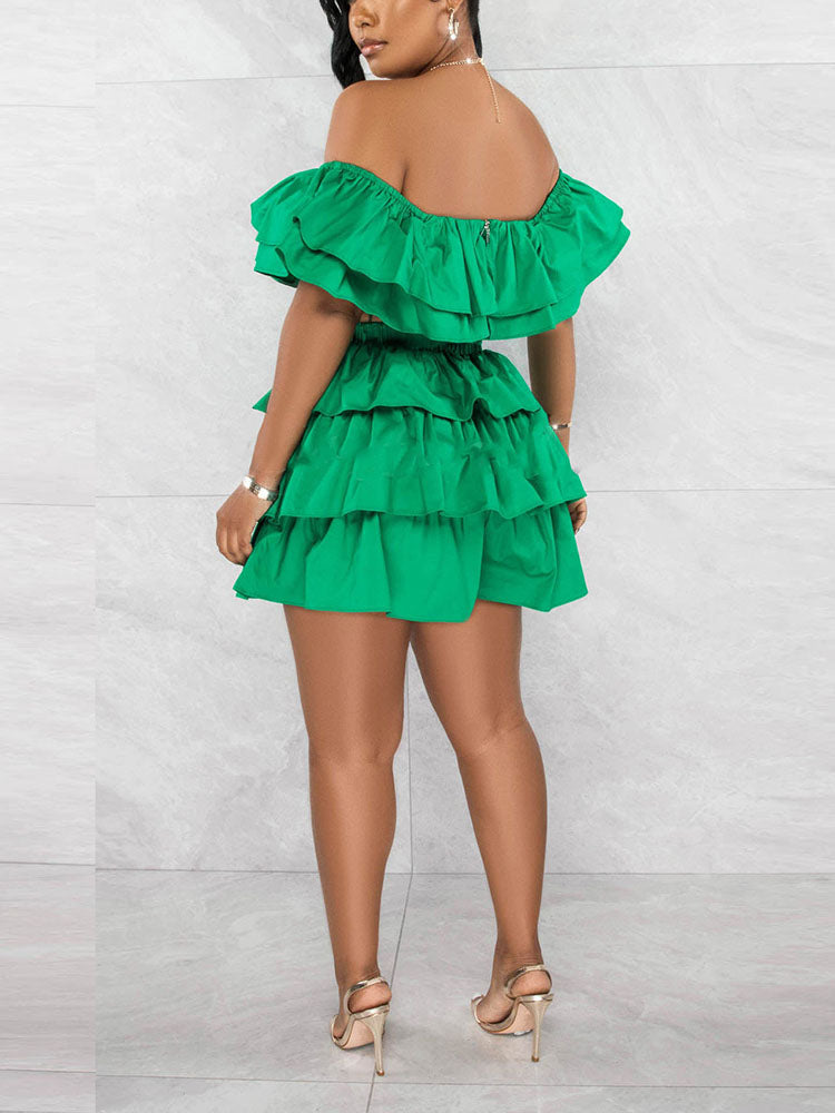Ruffle Crop Top Shorts Set Green / L