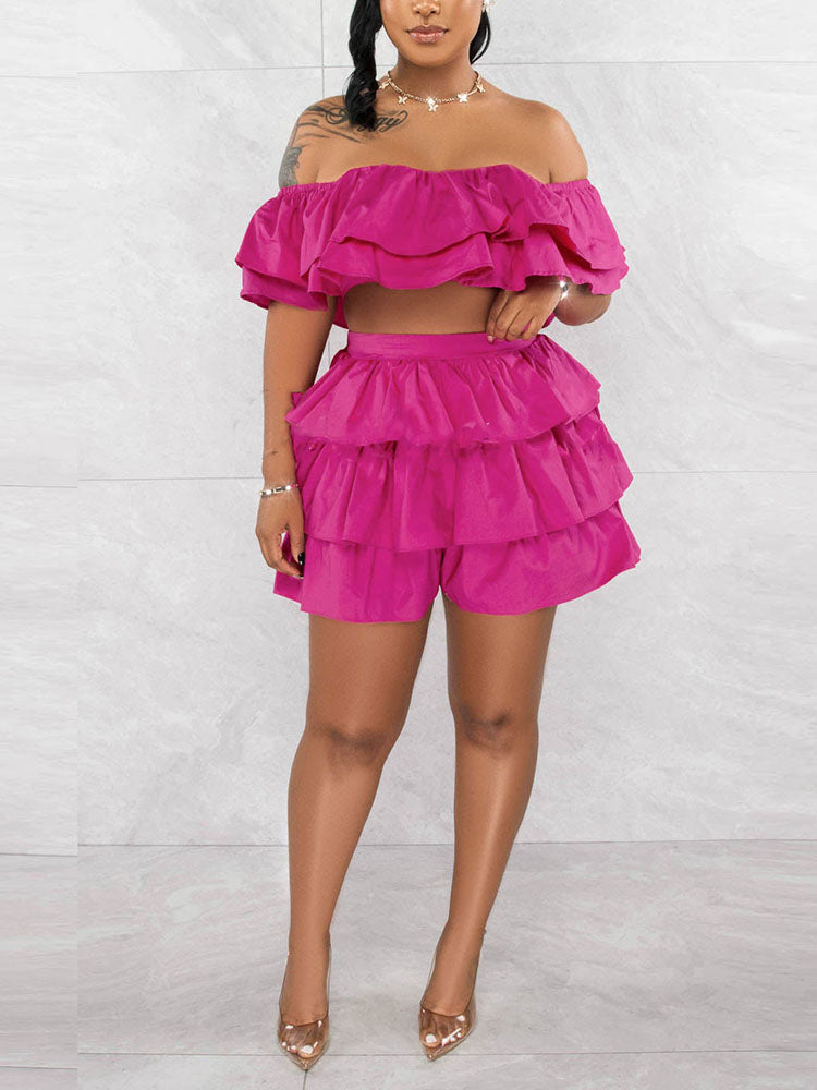 Ruffle Crop Top Shorts Set Rose / L