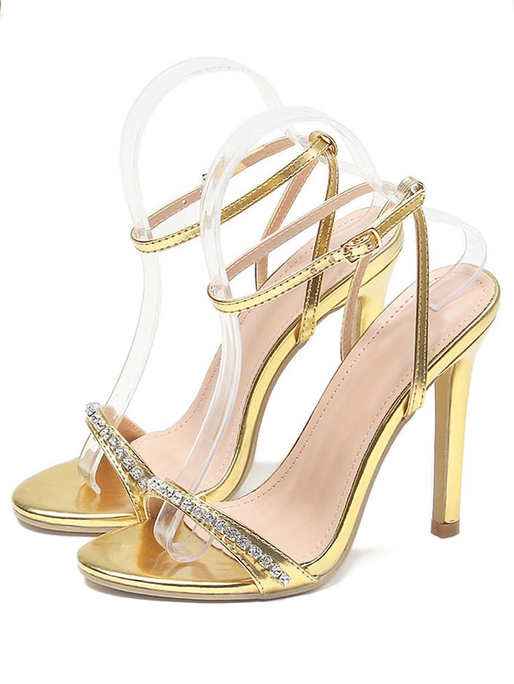 Rhinestone Ankle Strap Heels Gold / 6