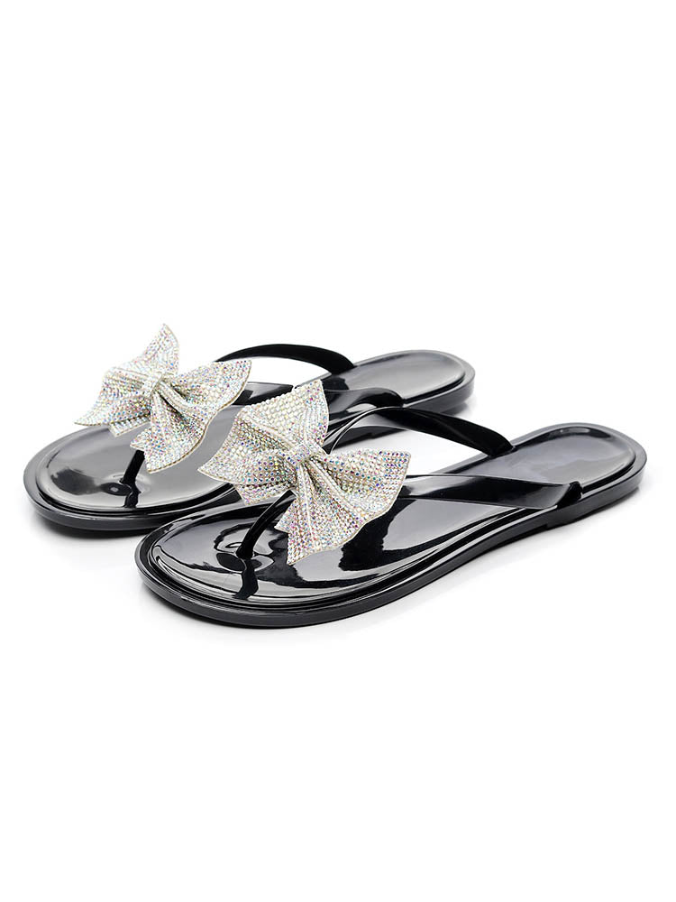 Bow Rhinestone Flip-Flops Sandals Black 2 / 5/5.5