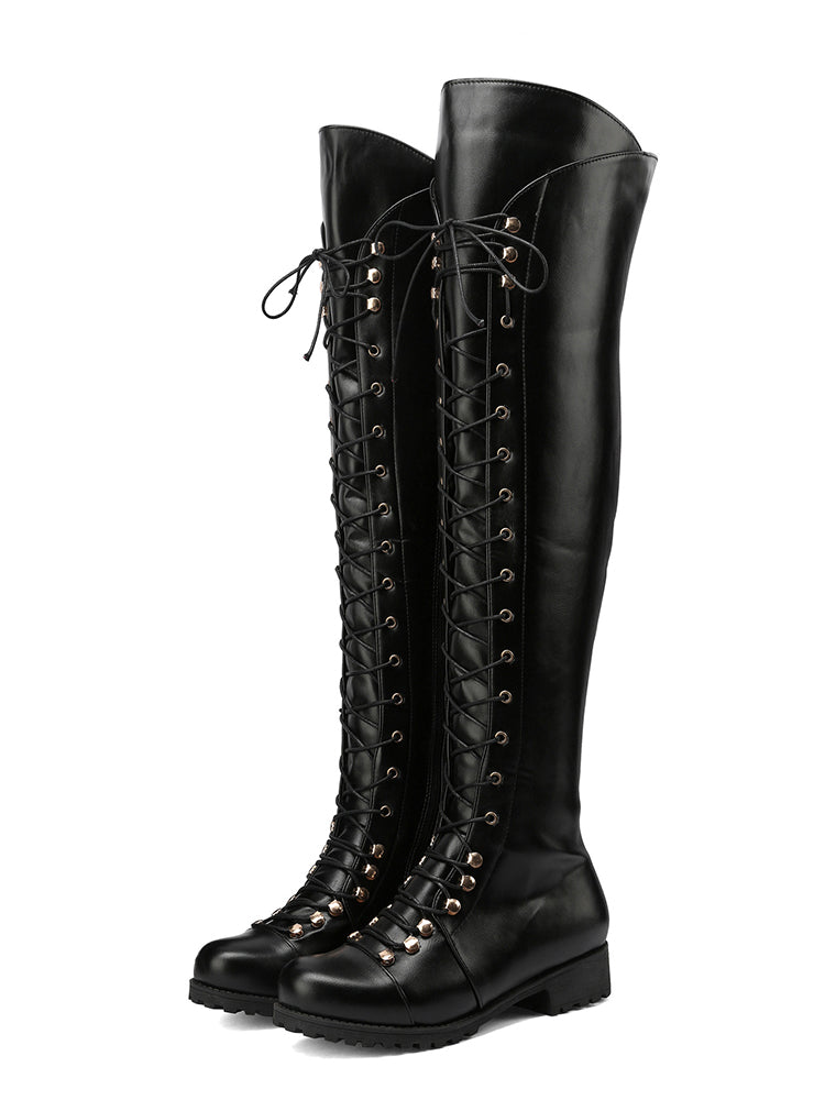 Lace Up Leather Over The Knee Boots Brown / 11.5