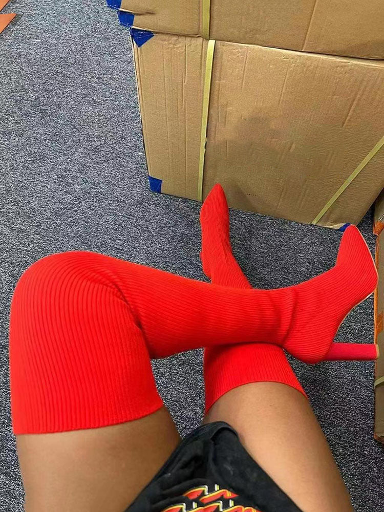 Knitted Over The Knee Pointed Toe Boots Black / 6