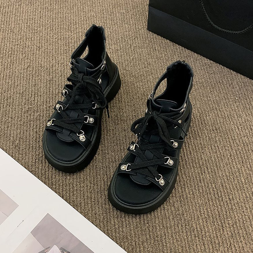 Thick-Sole Lace Up Roman Sandals Black / EU:36:US Women's 5-5.5