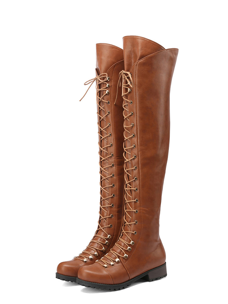 Lace Up Leather Over The Knee Boots Brown / 7.5/8