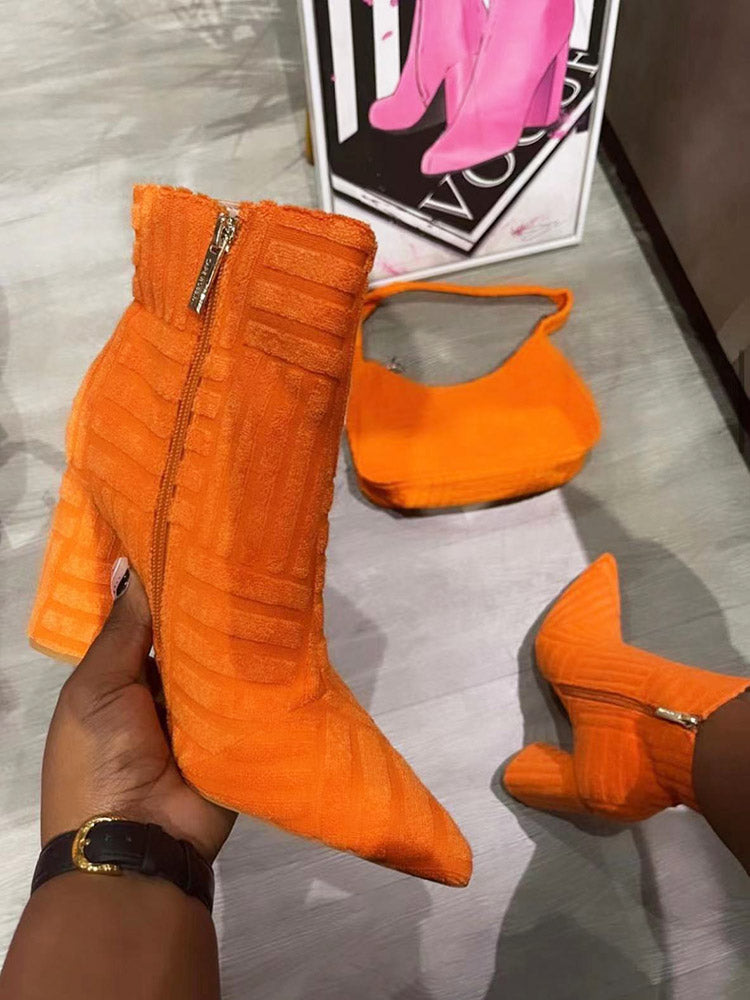 Towel Pointed Toe Chunky Heel Boots Green / 6