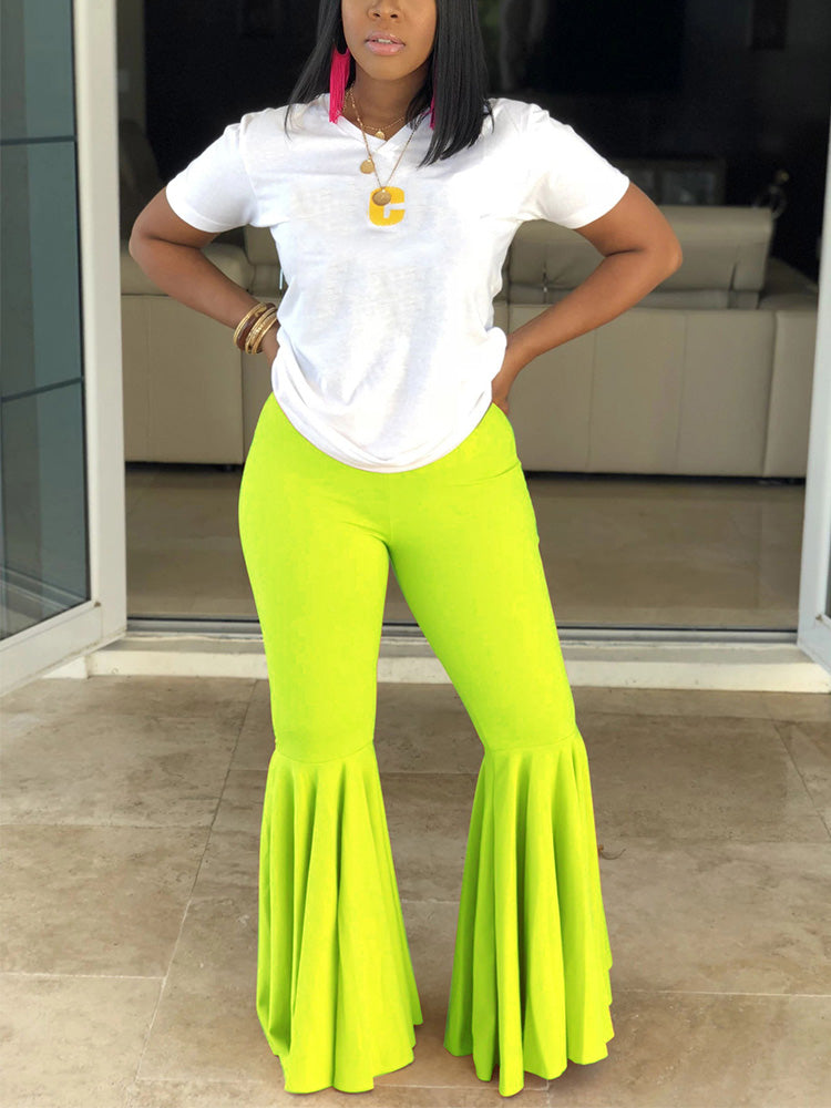 Ruffle Flare Bottom Pants Fluorescent Green / XL