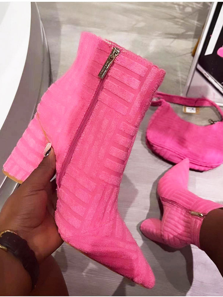 Towel Pointed Toe Chunky Heel Boots Green / 6.5/7