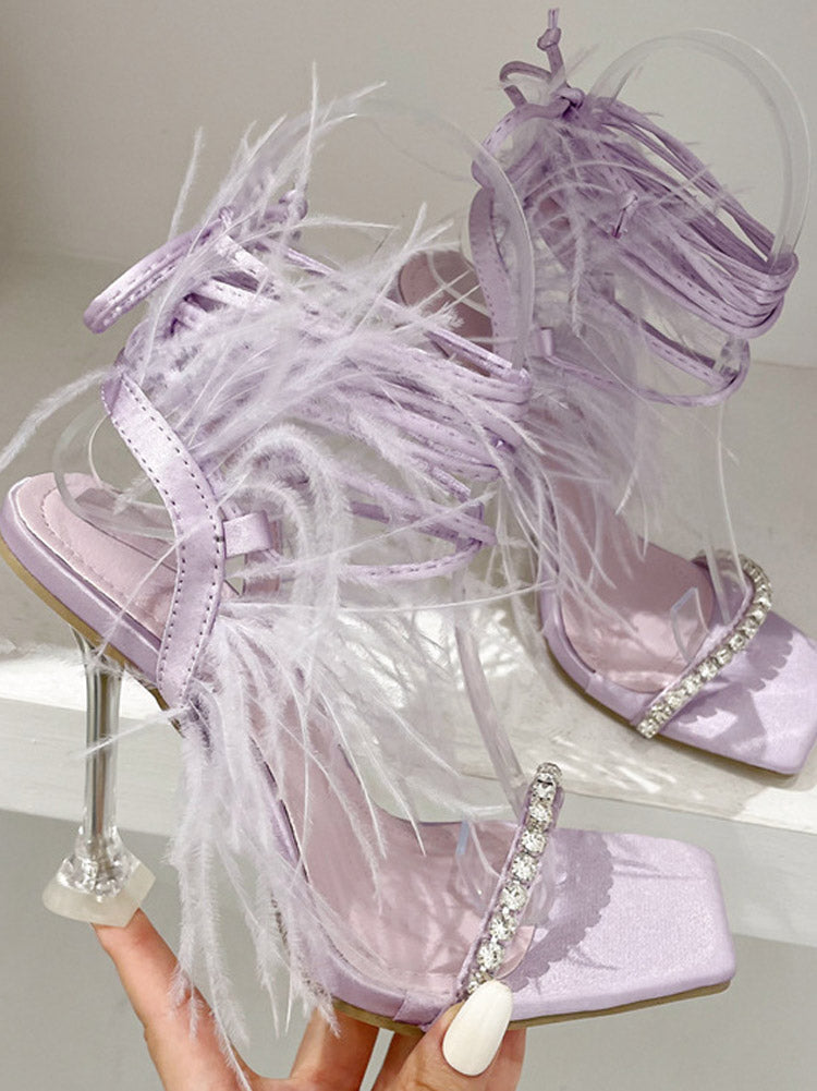 Rhinestone Feather Square Toe Sandals Purple / 6.5/7