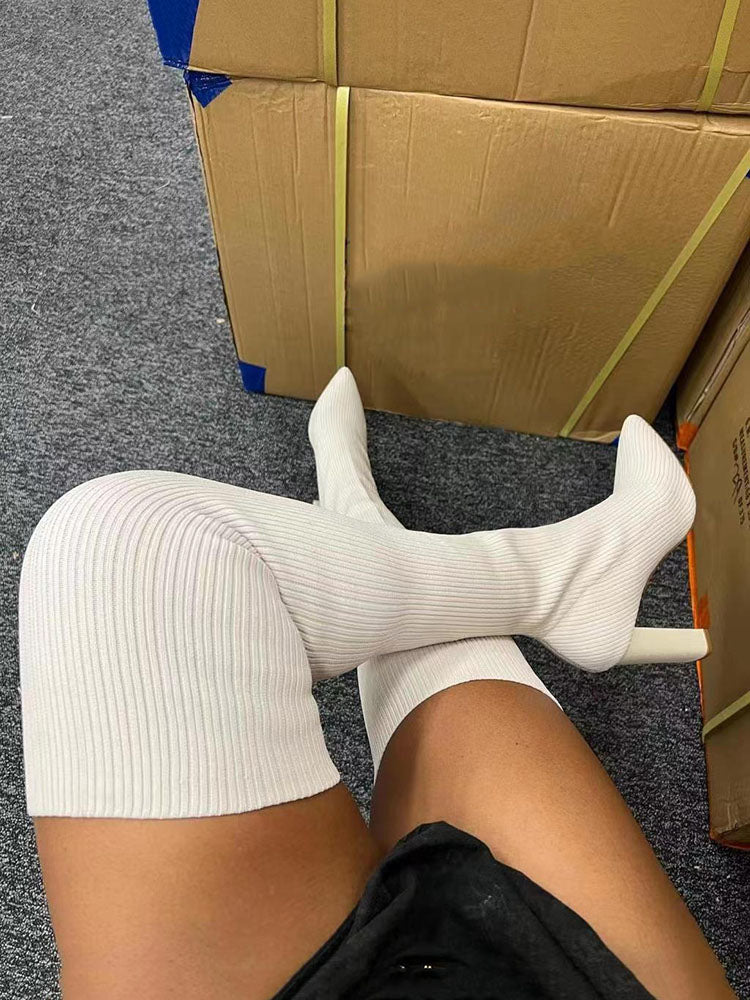 Knitted Over The Knee Pointed Toe Boots Black / 8.5