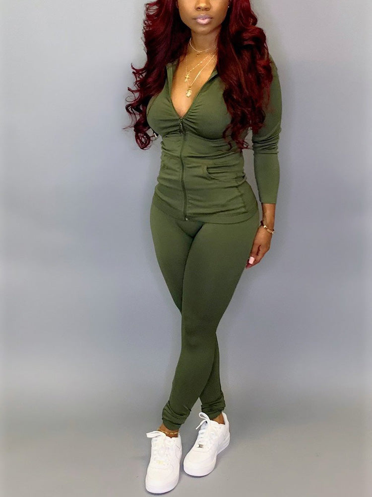 Hooded Zipper Solid Set Green / 2XL