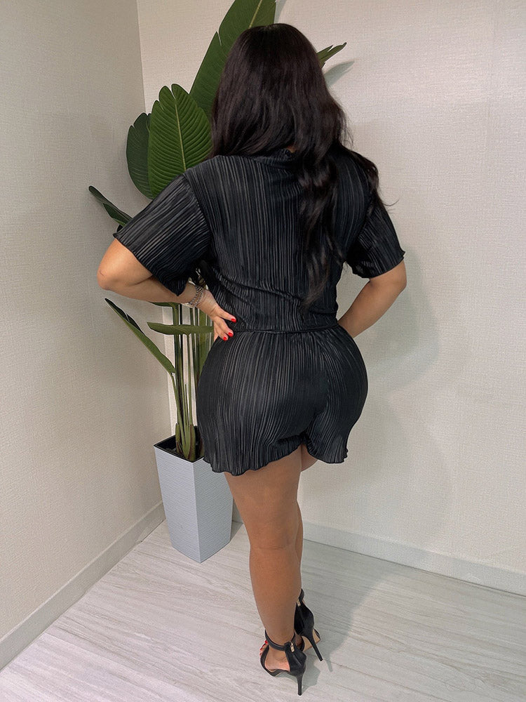 Plisse Shirt Shorts Set Black / XL