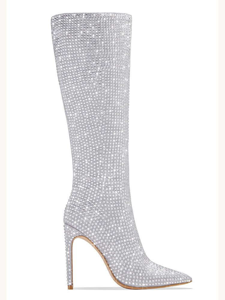 Crystal-Embellished Suede Boots Silver / 10