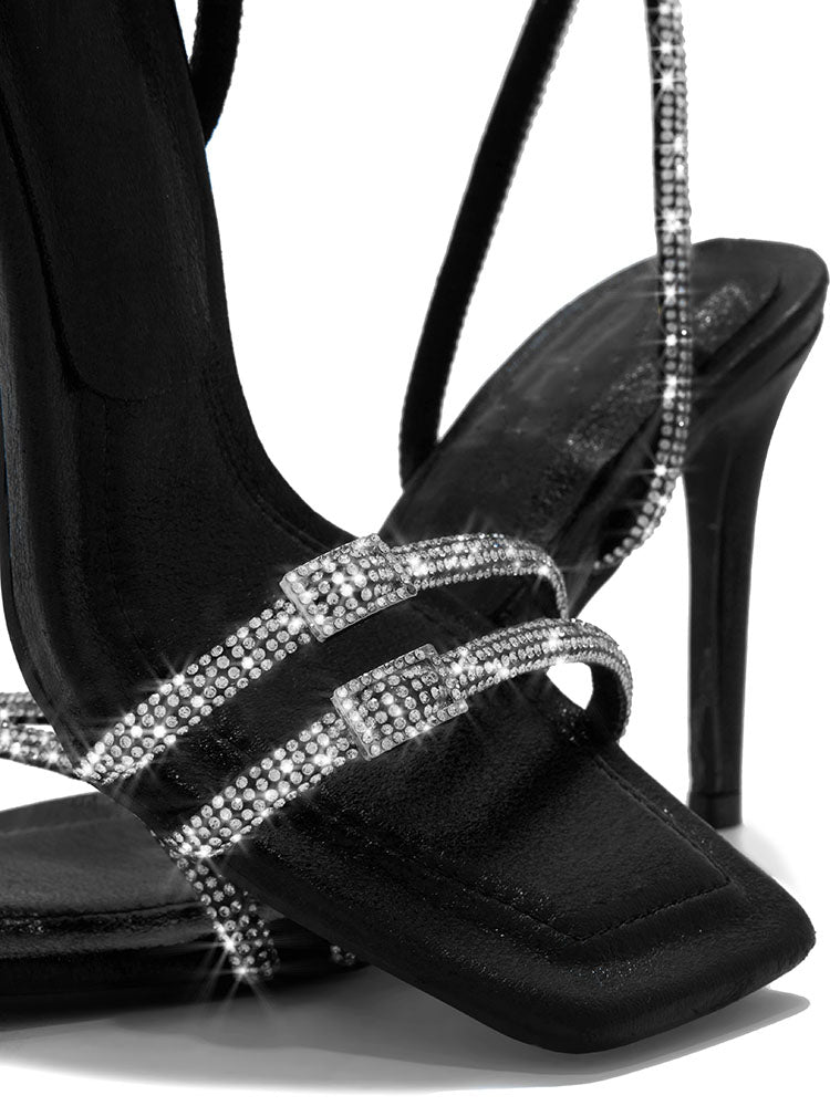 Rhinestones Ankle Strap Heels Black / 7.5/8