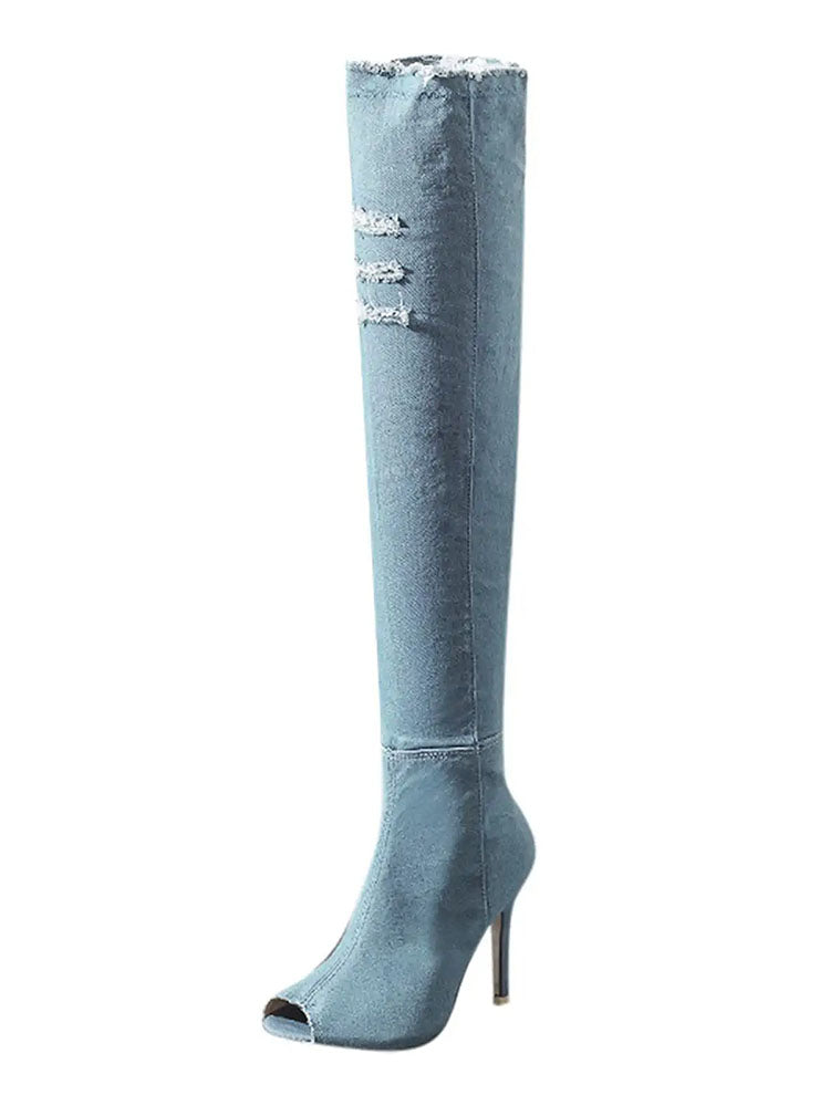 Peep Toe Over The Knee Denim Boots Black / 4/4.5